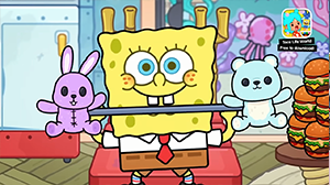 Иллюстрация Губки Боба в Toca Boca World: персонаж с плюшевыми игрушками в виде зайца и мишки, рядом стол с гамбургерами и шкаф с морскими украшениями.