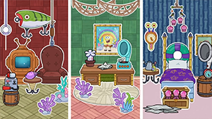 Иллюстрация трех комнат в морском стиле в Toca Boca World: гостиная с креслом и рыбой на стене, кабинет с картиной Губки Боба, спальня с кроватью и морскими украшениями.