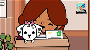 Иллюстрация с девочкой и щенком на ресепшене в Toca Boca World: девочка с бантом держит щенка, на столе коробка с деньгами и растение.