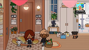 гостиная в Toca Boca World: два ребенка с корзиной, два щенка, шкаф, растения, круглый ковер и дверь с гирляндой.
