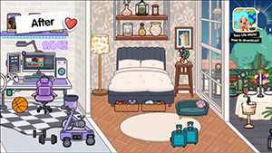 современной спальни с игровым уголком в Toca Boca World: кровать с синим покрывалом, рабочий стол с компьютером, полки с декором, баскетбольный мяч, игрушки и окно с видом на балкон.