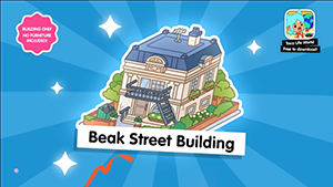 здание Beak Street в Toca Boca World: трехэтажный дом с крышей, балконом, растениями и надписью "Beak Street Building" на фоне синего неба с звездами