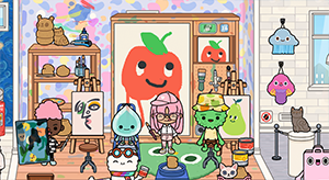 Игровая сцена из Toca Boca World: персонажи в художественной мастерской, окружённые картинами, красками и милыми декоративными элементами