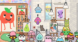 Красочная сцена из игры Toca Boca World: персонажи в творческой мастерской с яркими картинами, подвесными игрушками и арт-атмосферой