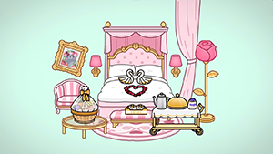 Иллюстрация розовой спальни в Toca Boca World: кровать с балдахином и сердечками, тележка с десертами, кресло, лампы и большая роза в горшке.