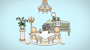 Иллюстрация музыкальной гостиной в Toca Boca World: рояль с нотами, круглый стол с двумя стульями, люстра, канделябр и ваза с белыми цветами.