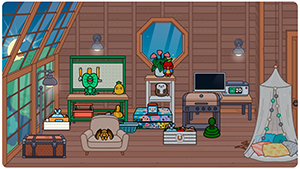 уютная комната с мансардой в Toca Boca World: деревянные стены, большое окно, стол с компьютером, кресло, коробки, цветы, палатка с подушками и зеркало