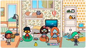 детская спальня в Toca Boca World: двухъярусная кровать, дети с игрушками, телевизор, шкаф с книгами, кот, лампа и окно с видом на природу.