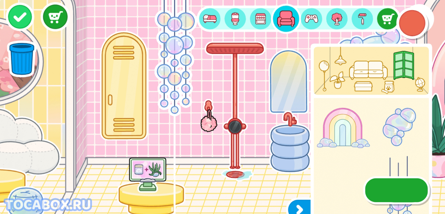 Яркая комната в стиле спа из игры Toca Boca World: розовая плитка, мыльные пузыри, душевая кабина с красным краном, зеркало и раковина, украшения и мебель с мультяшным дизайном.