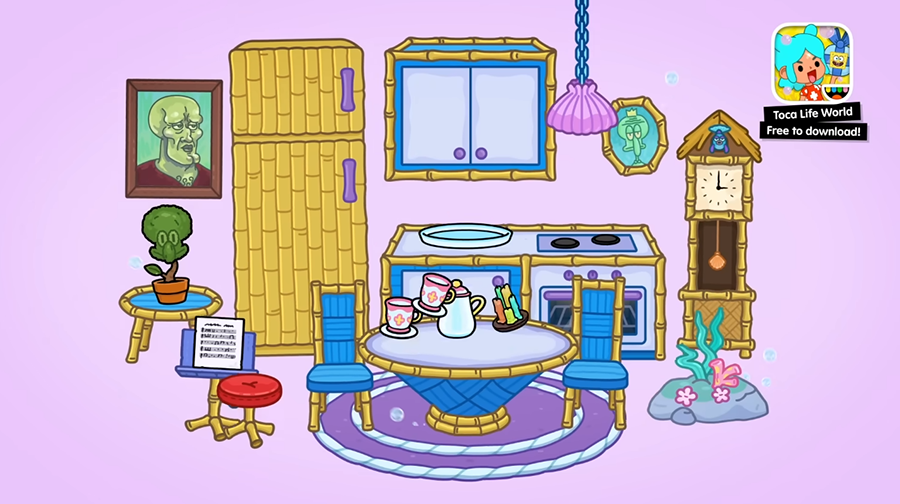 Кухня с морскими мотивами в Toca Boca World круглый стол с чайником, плита, холодильник, полки с растениями, часы, картины и морской декор на пурпурном фоне