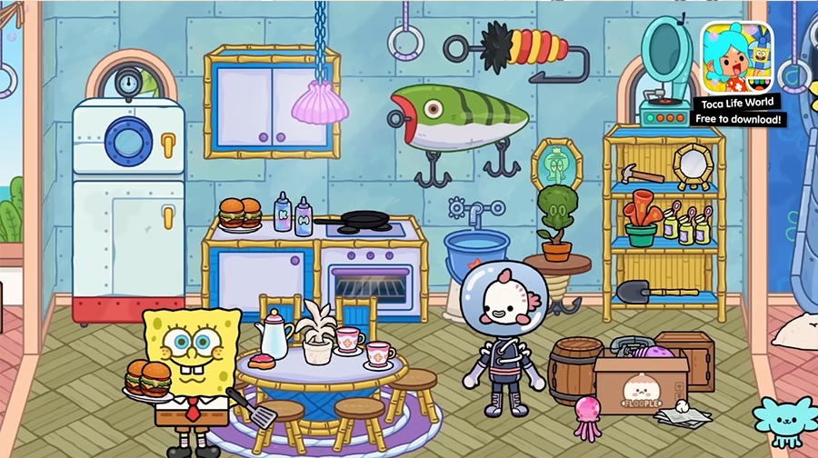 Кухня в морском стиле в Toca Boca World персонажи с губкой Бобом, стол с едой, холодильник, плита, декор с рыбой и растениями на голубом фоне