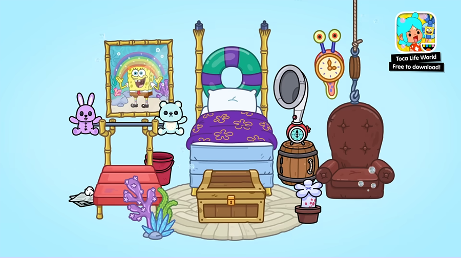 Фантазийная спальня в Toca Boca World кровать с пурпурным покрывалом, картина с радугой и Губкой Бобом, кресло, сундук, часы, плюшевые игрушки и морские растения