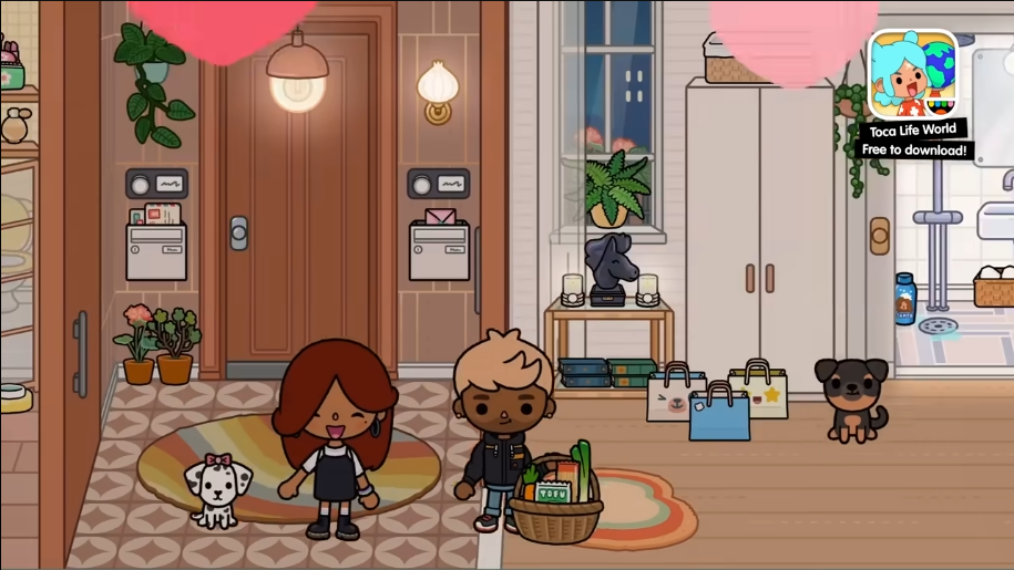 Дети и щенки в гостиной Toca Boca World гостиная в Toca Boca World: два ребенка с корзиной, два щенка, шкаф, растения, круглый ковер и дверь с гирляндой
