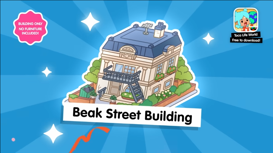 Здание Beak Street в Toca Boca World здание Beak Street в Toca Boca World: трехэтажный дом с крышей, балконом, растениями и надписью Beak Street Building на фоне синего неба с звездами