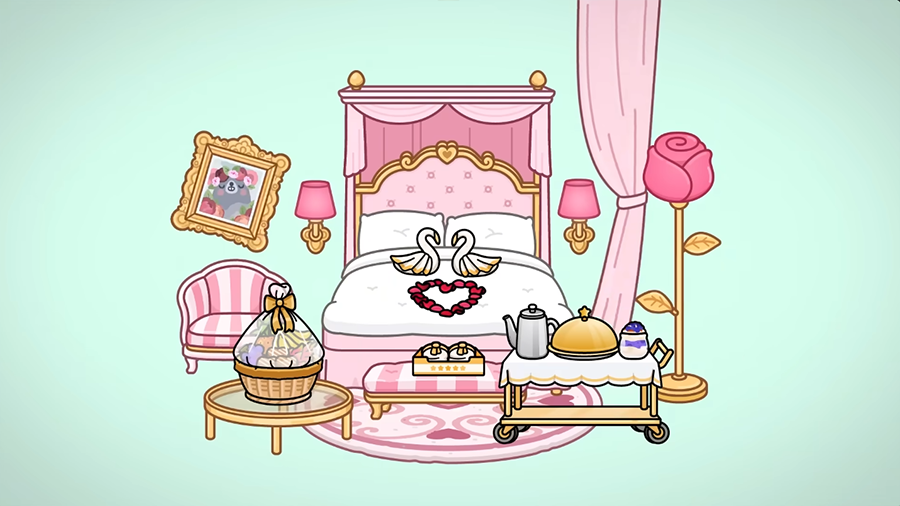 Розовая спальня в Toca Boca World Иллюстрация розовой спальни в Toca Boca World: кровать с балдахином и сердечками, тележка с десертами, кресло, лампы и большая роза в горшке.