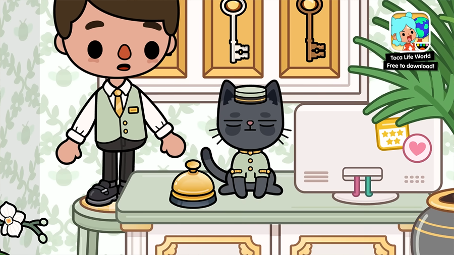 Администратор и кот на ресепшене в Toca Boca World Иллюстрация с администратором в униформе и котом в костюме на ресепшене в Toca Boca World: стол с колокольчиком, ключи на стене, растение и ноутбук с наклейками
