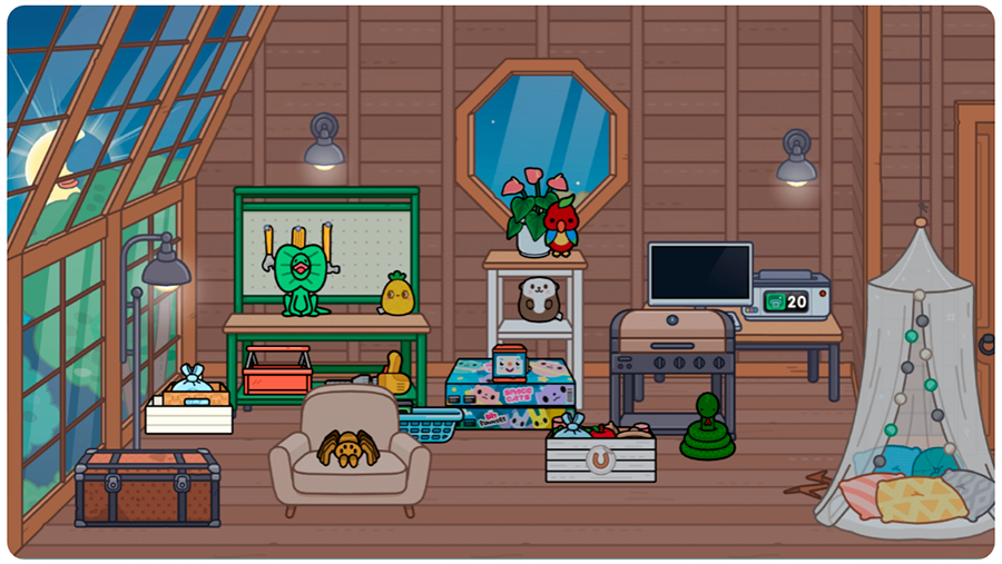 Уютная комната с мансардой в Toca Boca World уютная комната с мансардой в Toca Boca World: деревянные стены, большое окно, стол с компьютером, кресло, коробки, цветы, палатка с подушками и зеркало