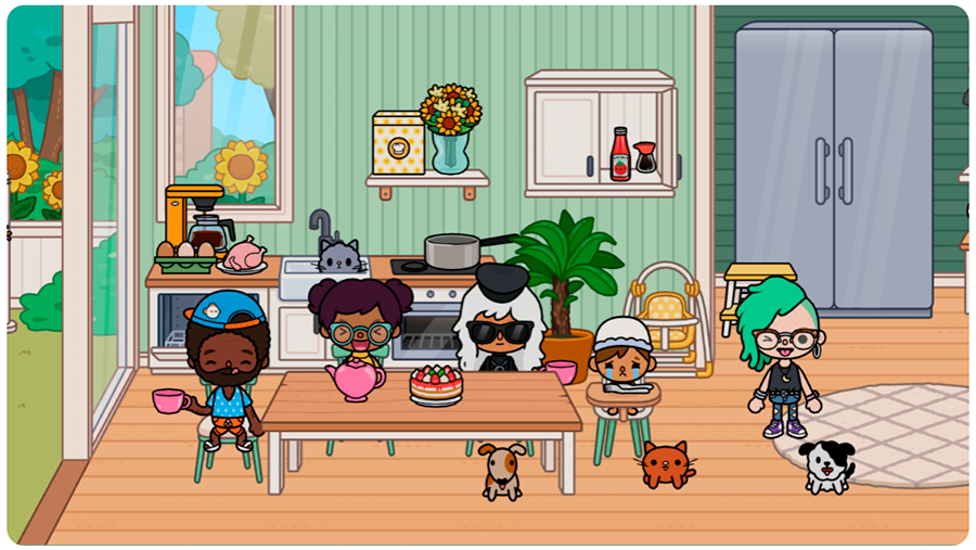 Семейный ужин на кухне в Toca Boca World кухня в Toca Boca World: семья с котами и собаками у стола с тортом, холодильник, растения, полки с декором и большое окно с видом на природу