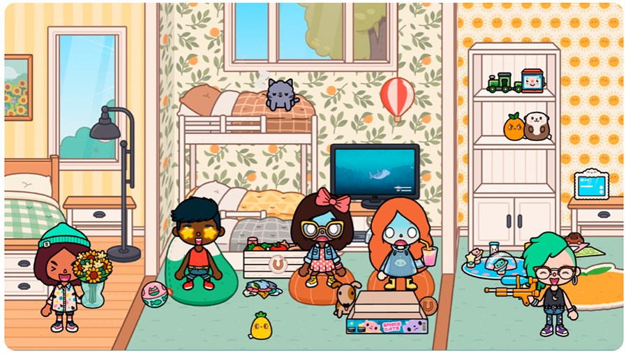 Детская спальня с двухъярусной кроватью в Toca Boca World детская спальня в Toca Boca World: двухъярусная кровать, дети с игрушками, телевизор, шкаф с книгами, кот, лампа и окно с видом на природу