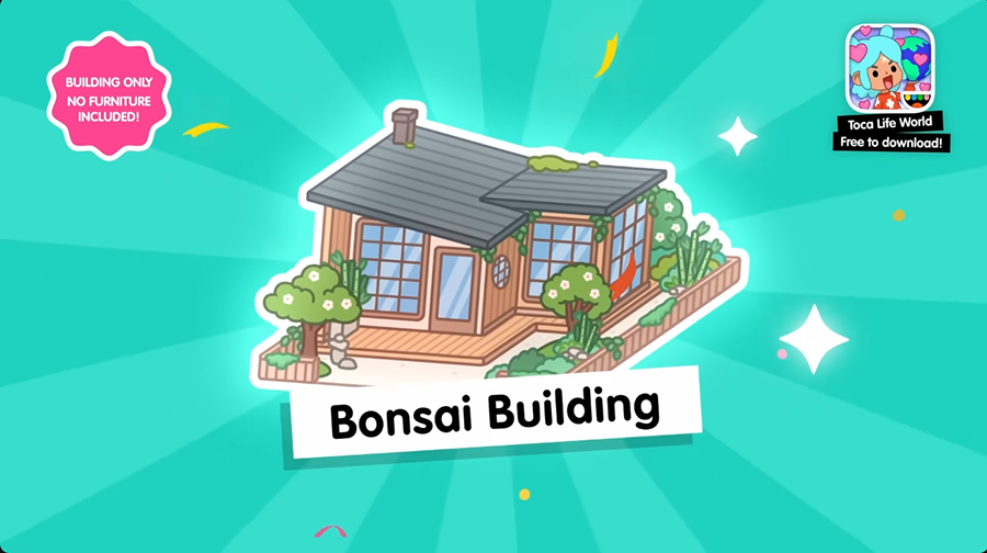 Здание Bonsai Building в Toca Boca World двухэтажный дом с черной крышей, большими окнами, растениями вокруг и надписью Bonsai Building на голубом фоне с звездами
