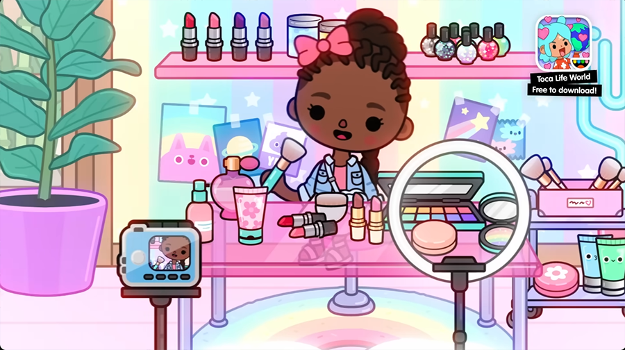 Макияжный уголок в Toca Boca World персонаж за столом с косметикой, кольцевой лампой, полками с помадами, кистями и растением на радужном фоне