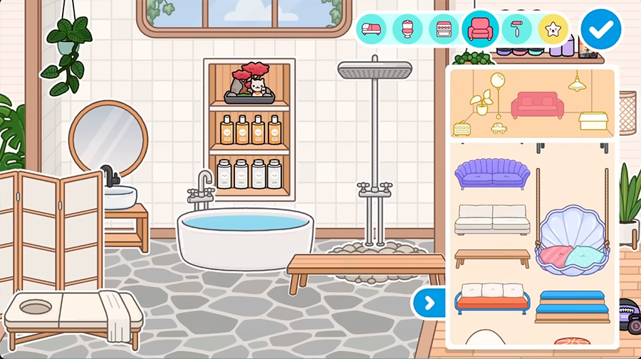 Стильная ванная комната в Toca Boca World ванна, душ, раковина с зеркалом, полки с косметикой, растения и панель с вариантами мебели на каменном полу