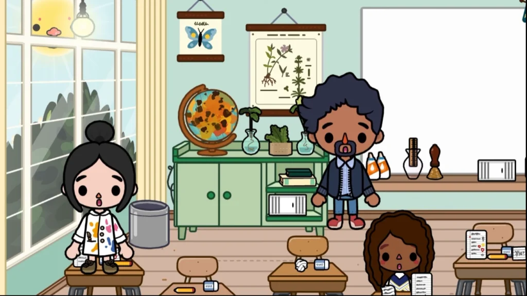 Лайфхаки Toca Boca World для школы Удивленные персонажи смотрят как комета прилетает и взрывается на глобусе. Школьный класс. Парты. Доска. Плакаты