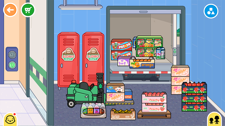 Складская зона магазина "Slomo Mart" из Тока Бока Складская зона магазина "Slomo Mart" из игры Тока Бока, с разгружающимся грузовиком, коробками с продуктами, тележкой и шкафчиками.