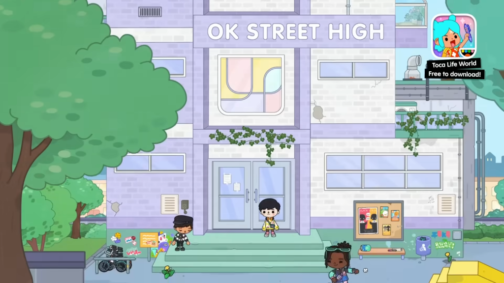 Тока Бока 1.74 - OK Street High Деревья, ученики и школа в игре Тока Бока 1.74.