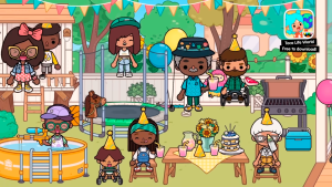 Toca Boca World - Большой семейный дом Персонажи игры Toca Boca World - Большой семейный дом отдыхают на участке.