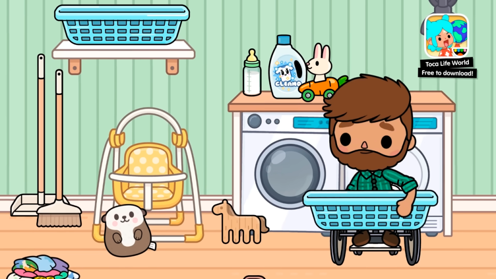 Toca Boca World - Большой семейный дом Дедушка с корзиной в прачечной комнате.