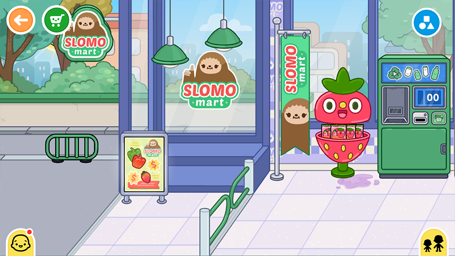 Вход в магазин "Slomo Mart" из игры Тока Бока Вход в магазин "Slomo Mart" из игры Тока Бока, с рекламным щитом, клубничным торговым автоматом и автоматом для переработки.