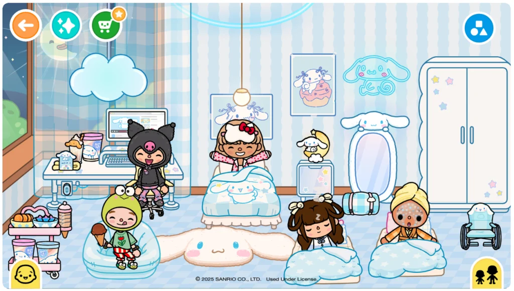 Спальня в Тока Бока в стиле Hello Kitty & Friends Персонажи Тока Бока в спальне оформленной в стиле Hello Kitty & Friends