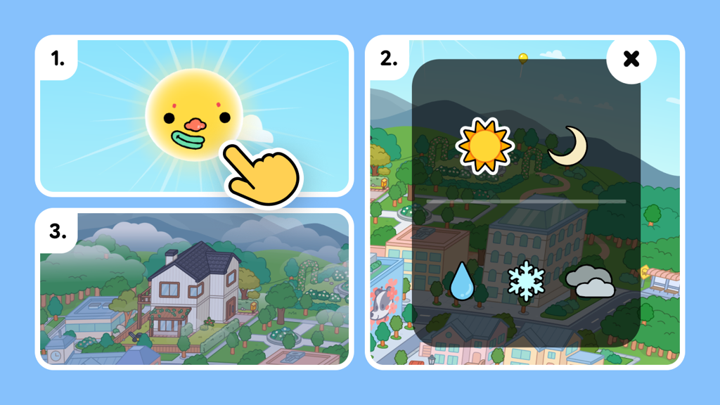 Как менять погоду в Тока Бока Как менять погоду? Нажмите на солнышко, затем выберите режим погодных условий (солнце, луна, дождь, снег, облачно)