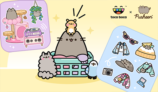 Обновление Тока Бока: Набор мебели Pusheen® Toca Boca x Pusheen коллаборация — Pusheen Style Pack. Pusheen в голубой корзине с котёнком, кошачье дерево, проигрыватель и набор одежды: куртки, шапки, очки, фотоаппарат.