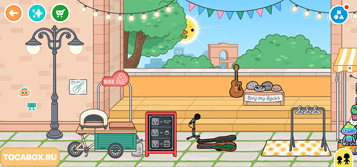 Велосипед и вывеска BuymyRocks на рынке Riverside в Toca Boca World — стилизованная уличная сцена с товарами для игры