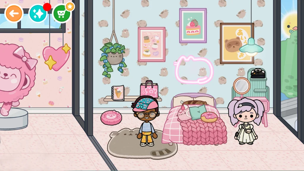 Идеи дизайна комнаты в стиле Toca Boca — уютный розовый интерьер Розовая комната в стиле Toca Boca с кроватью, декором и двумя персонажами