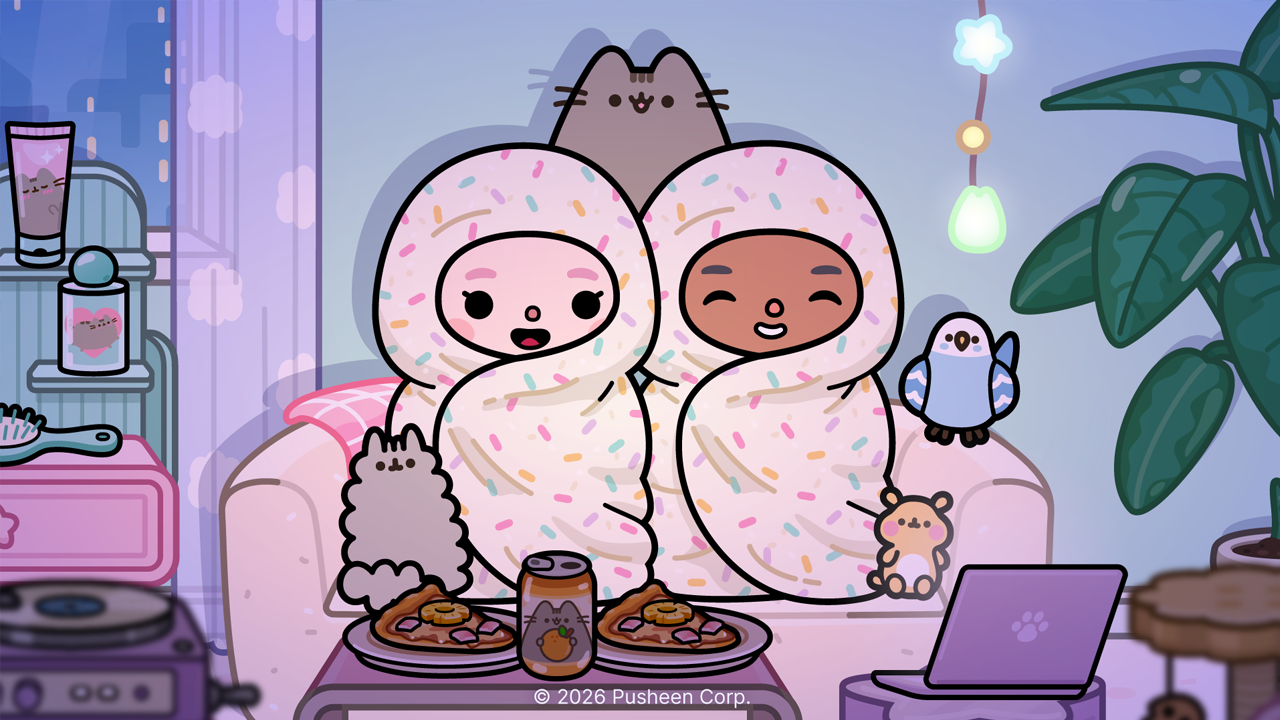 Милые персонажи в костюмах пончиков отдыхают дома с едой Персонажи в стиле Toca Boca в костюмах пончиков на диване с едой