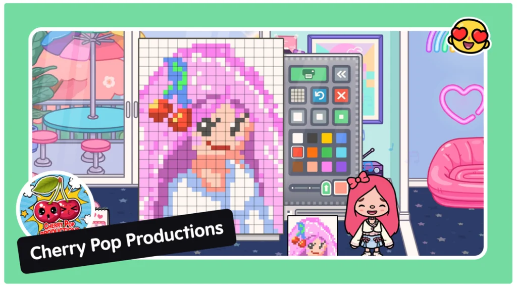 Пиксельная картина в Тока Бока от блогера Cherry Pop Productions Картина девочки с розовыми волосами созданная в пиксельной машине