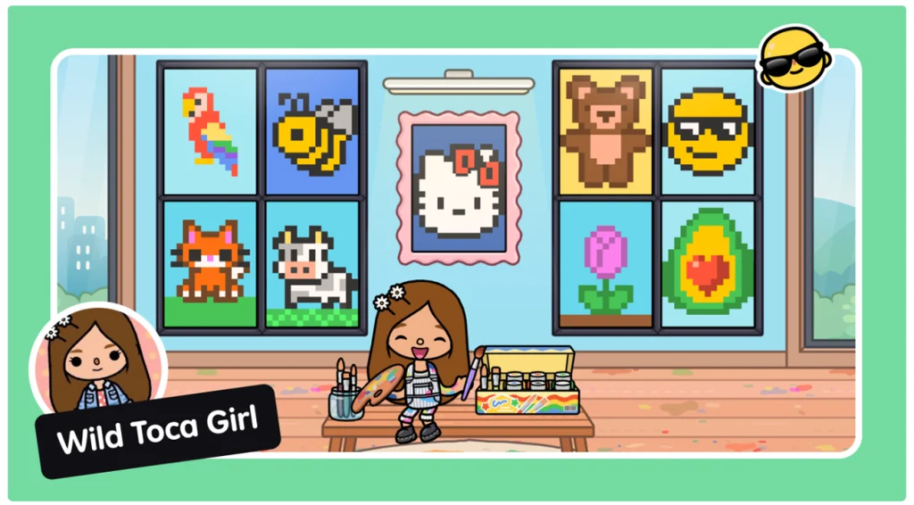 Пиксельная картина в Тока Бока от блогера Wild Toca Girl Картины попугая, пчелы, кошки, коровы, мишки, смайл, розовый тюльпан, половинка авокадо в пиксельном стиле