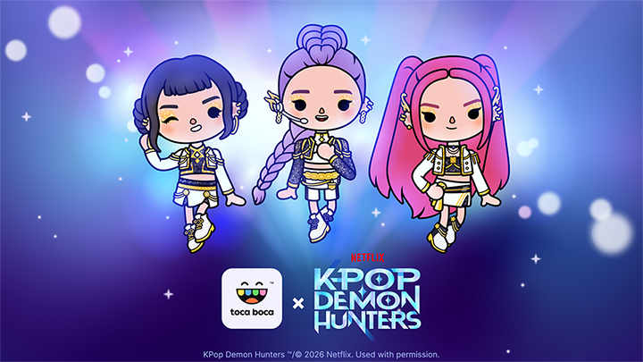 Три персонажа KPop Demon Hunters в стиле Toca Boca на сцене — коллаборация Toca Boca World и Netflix