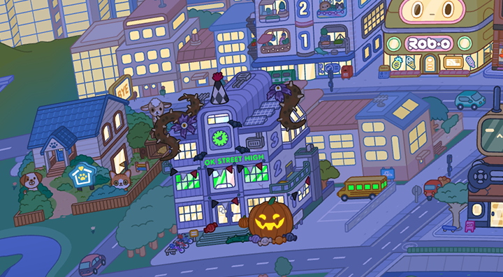 Хэллоуинское оформление города в Toca Boca World Город Toca Boca World, украшенный к Хэллоуину: тыквы, летучие мыши и гирлянды на зданиях