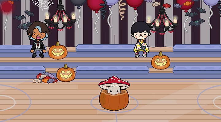 Хэллоуинская вечеринка в спортзале — Toca Boca World Персонажи Toca Boca в хэллоуинских нарядах на вечеринке в спортзале с тыквами и грибом